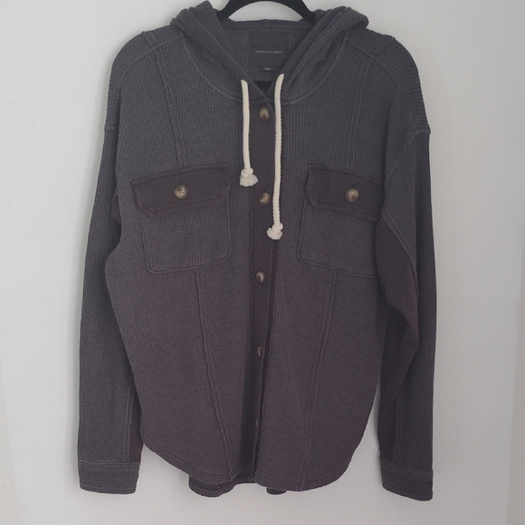 NWT American Eagle Womens Thermal Waffle Knit Oversized Hooded Shacket Sz M - Picture 1 of 6